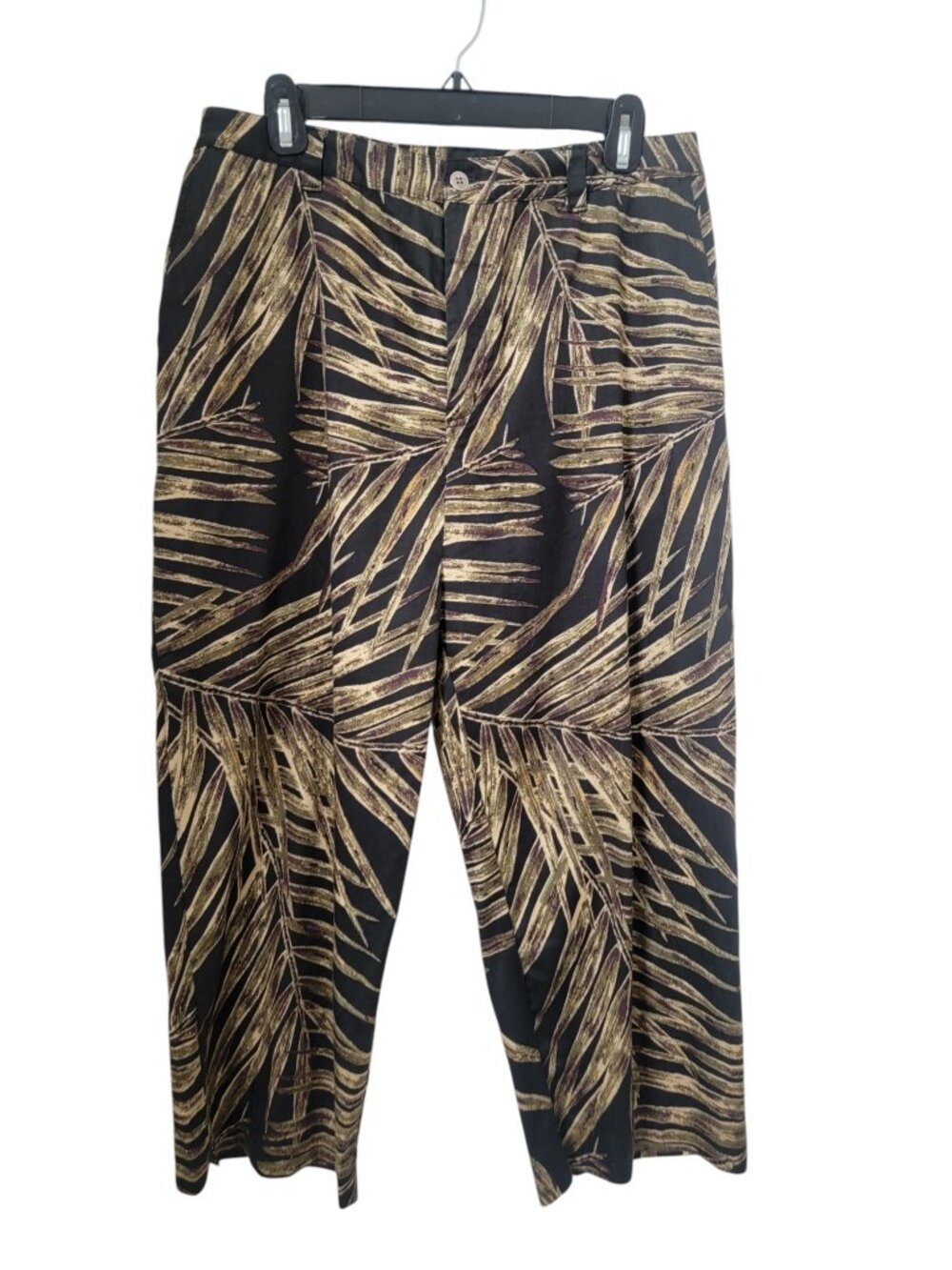 Chico's SIze 2 (L / 12) Black with Green, Cream and Brown Palm Leaf Pattern Pant